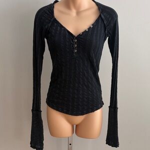 Women's Free People Black Long Sleeve Ribbed Henley Top Size XS
